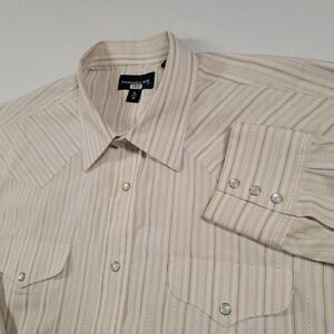 Panhandle Slim Men Western Snap Shirt XL 17.5 36 Beige Striped Long Sleeve